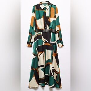 MANGO GEOMETRIC SHIRT DRESS WITH BELT NWT